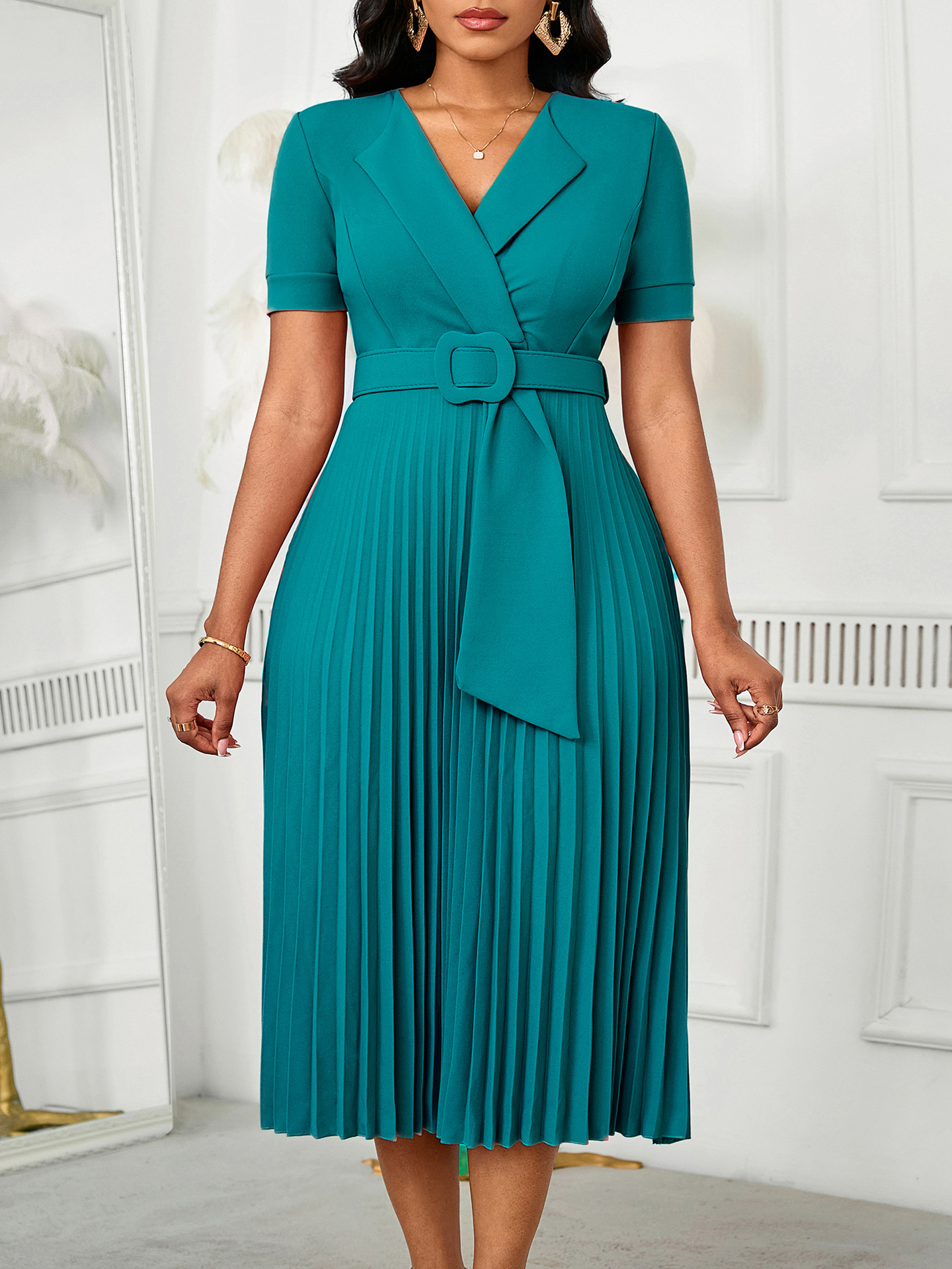 D593 Amazon European and American Sexy Short Sleeve V-Neck Fashionable Elegant Pleated Plus Size High-Waisted African Dress