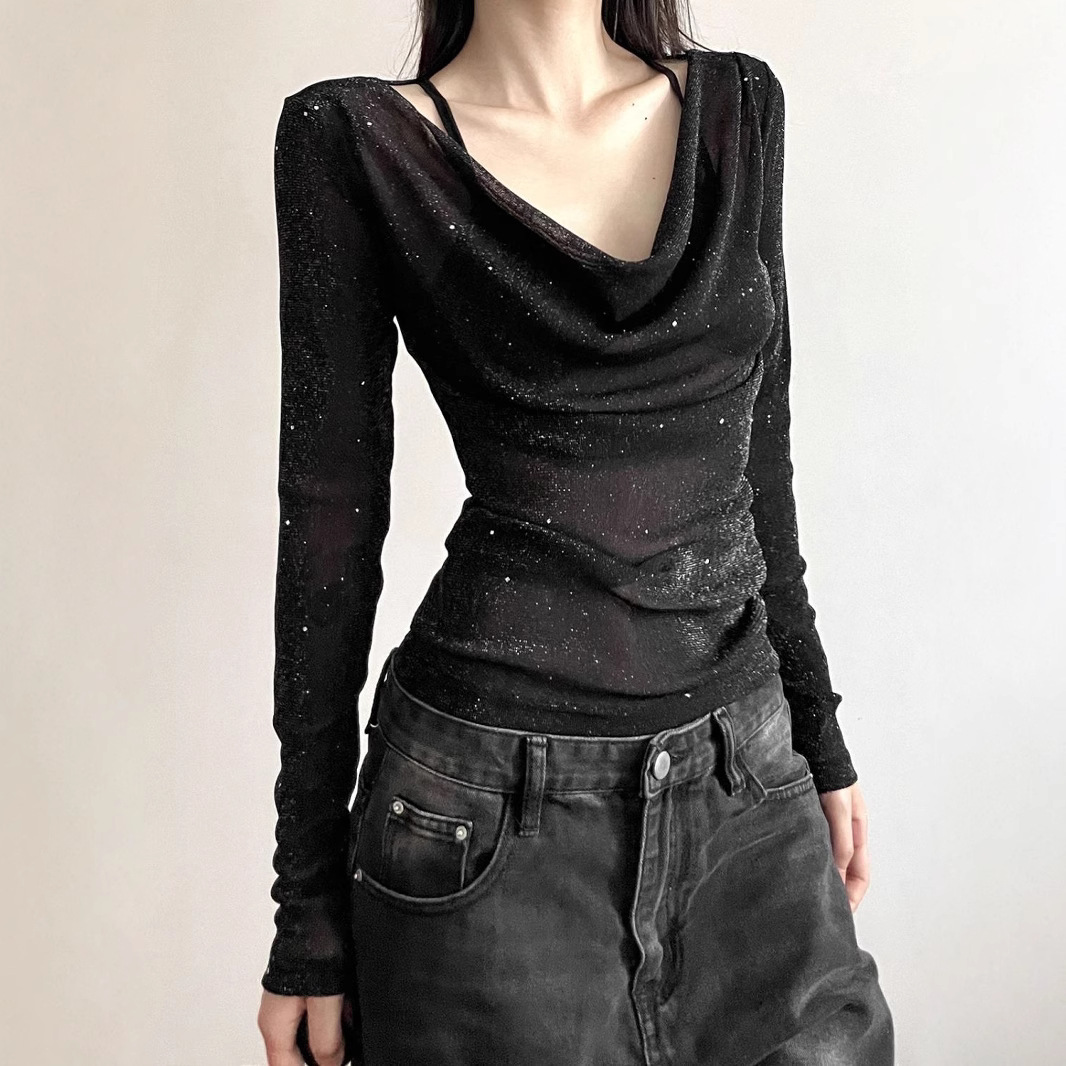 American Cross-border New Slim-fit Slimming Sweet Spice Girl V-neck Clavicle-exposed Short Top Design Long-sleeve Base Shirt