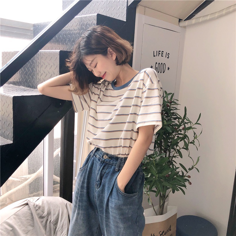 Picture of Blue Collar Color Stripesd Short-Sleeved T-Shirt for Women Summer Loose Bottoming Shirt Student Casual Top Export Women's Clothing Wholesale