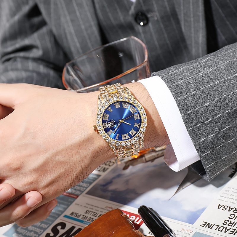 Picture of Hiphop Watch European and American Explosions Men's Steel Band Hip Hop Roman Graduated Diamond Set Calendar Men's Quartz Watch