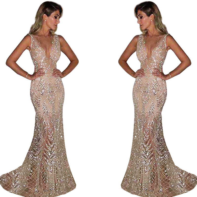 Picture of 2025 Annual Meeting Evening Dress Women's Long Sleeveless Foreign Trade Women's Amazon Sexy Deep V Sequin Dress Women
