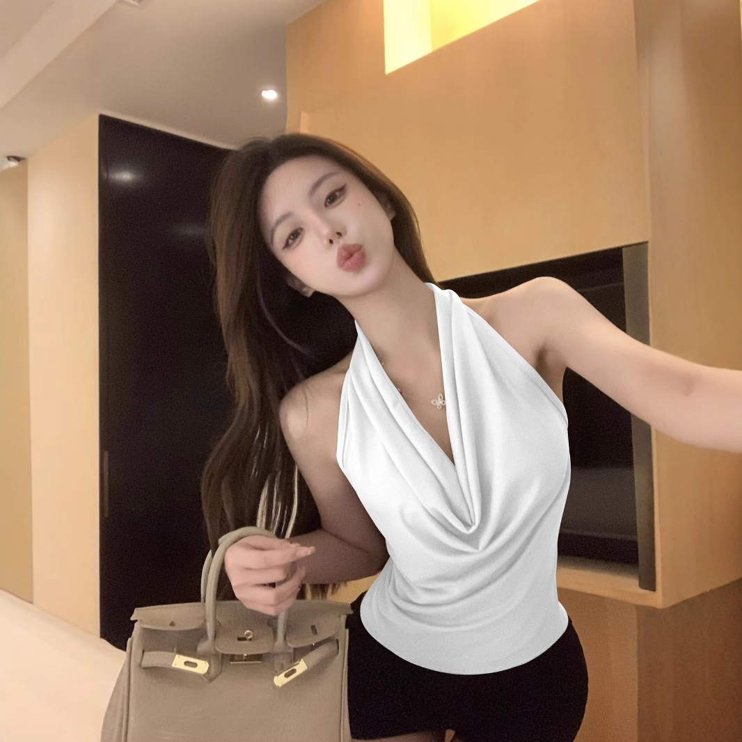 Elegant Blue Swing Collar Halterneck Camisole for Women in Summer Slim Fit Hot Girl Design Sleeveless Backless Top for Outer Wear