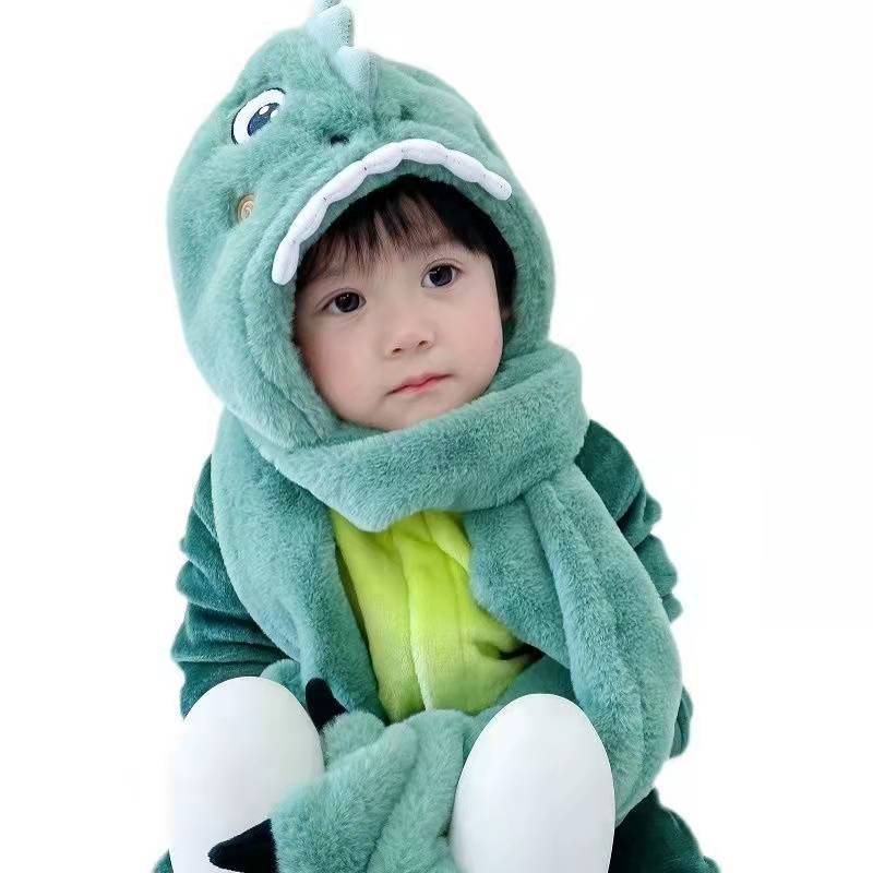 Picture of Children's winter hat scarf all-in-one Boys and Girls baby cute dinosaur warm plush padded gloves three-piece set