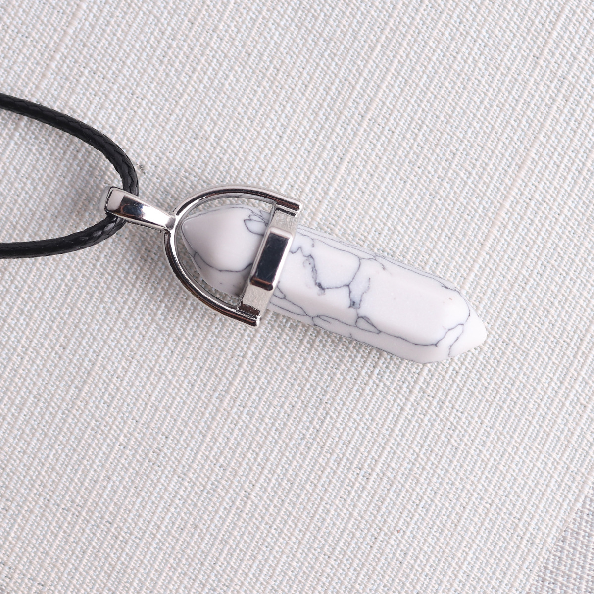 Picture of Natural Stone Hexagonal Pendant European and American Natural Crystal Hexagonal Prism Bullet Hexahedral Black Wax Rope Necklace