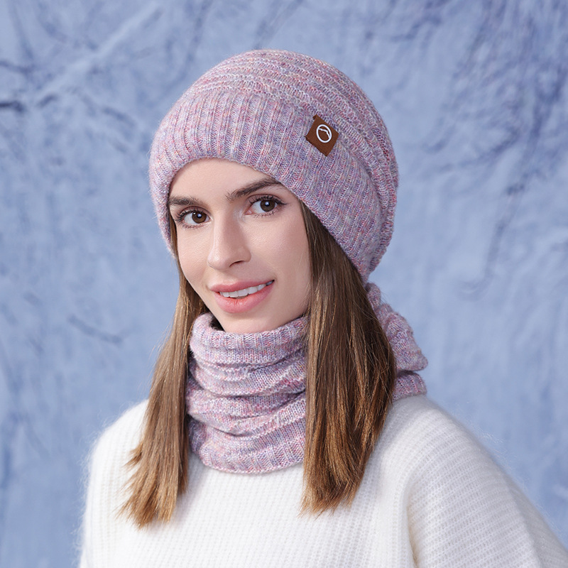 Picture of Winter two-color hat scarf two-piece outdoor cold-proof warm knitted wool hat fleece-lined ear protection cap for women