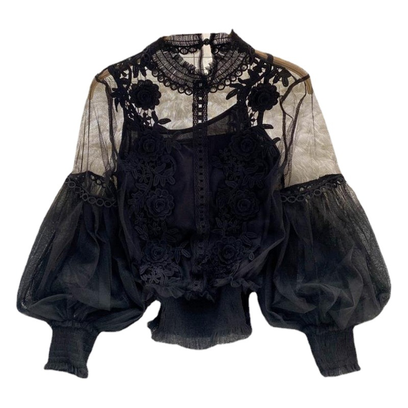 Foreign Trade Design Sense Three-dimensional Flower Collage Perspective Mesh Lantern Sleeve Slim-fit crop top Women's Lace Base Shirt