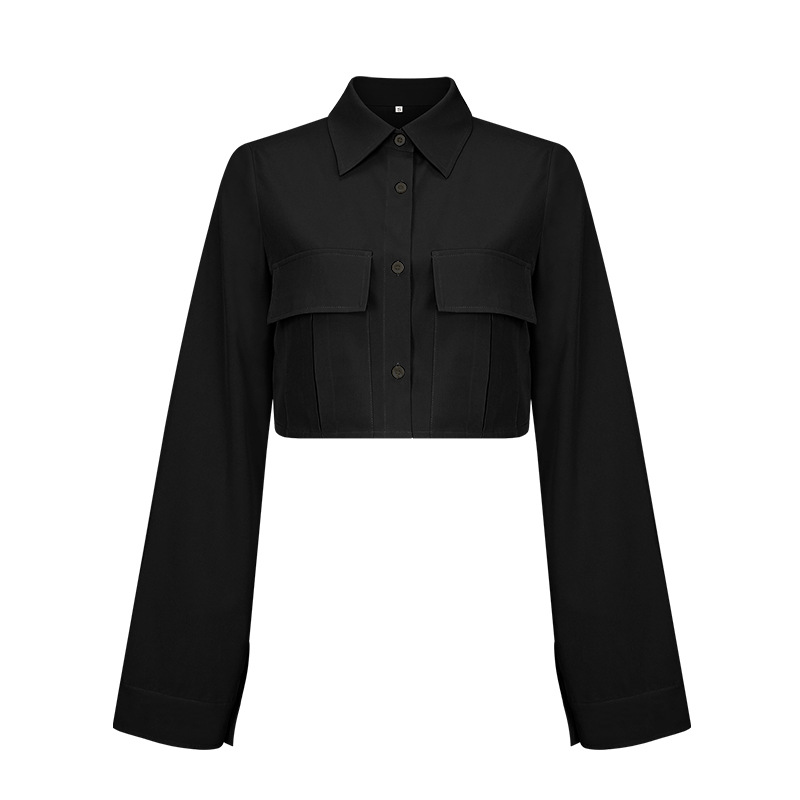 Picture of 2022 European and American Autum New Shirt Sense of Design Pure Color Flap Pocket Pants Short Design Sense of Design Casual Ins Top for Women