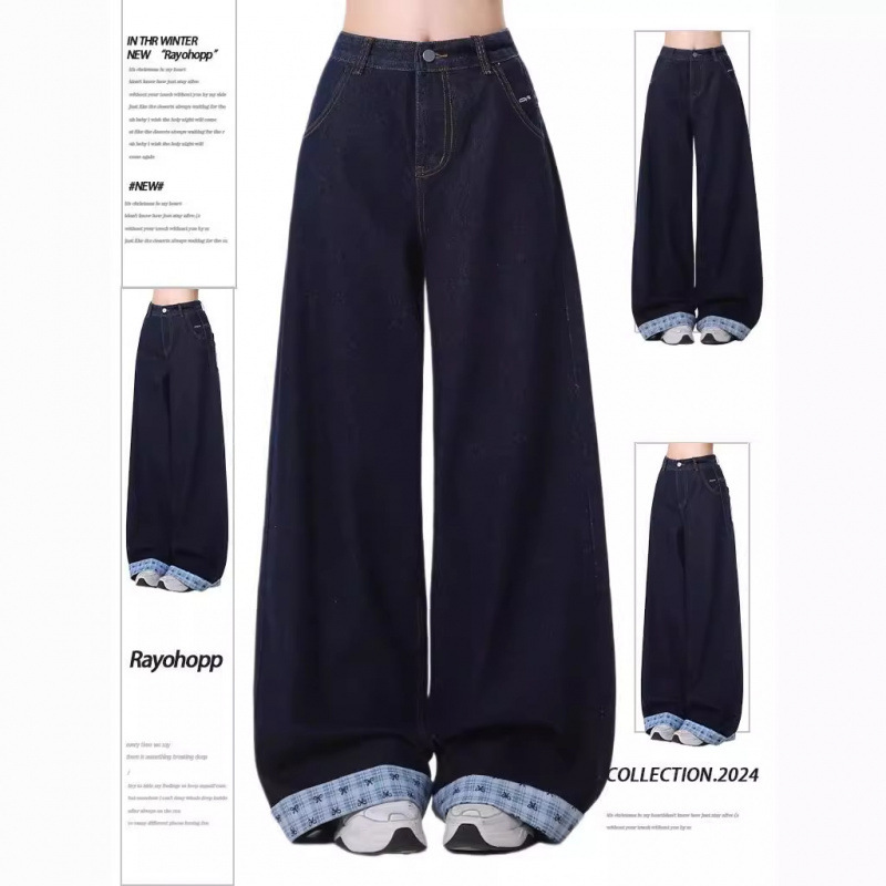 American High Street Retro Bow Plaid Curled Jeans for Women in Autumn and Winter Design Loose Straight Wide Leg Pants