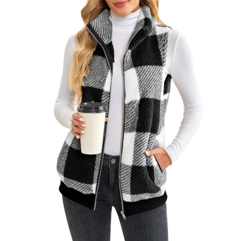 Picture of Spring and Autumn Coat Spring and Autumn Plaid Comfortable Velvet Cardigan Stand Collar Vest Coat Cross-border Women's Clothing