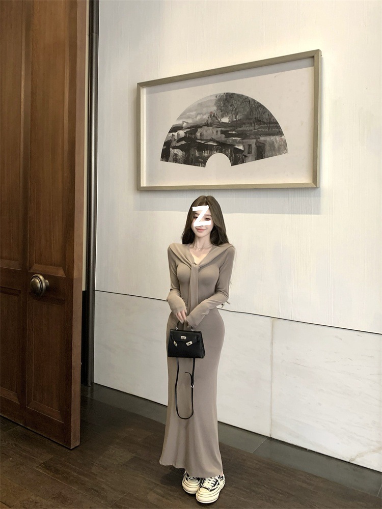 Pure Desire Gentle Elegant Stitching Lace-up Long-sleeved Knitted dress Women's Early Autumn New Waist Slimming Long Dress Women's Clothing