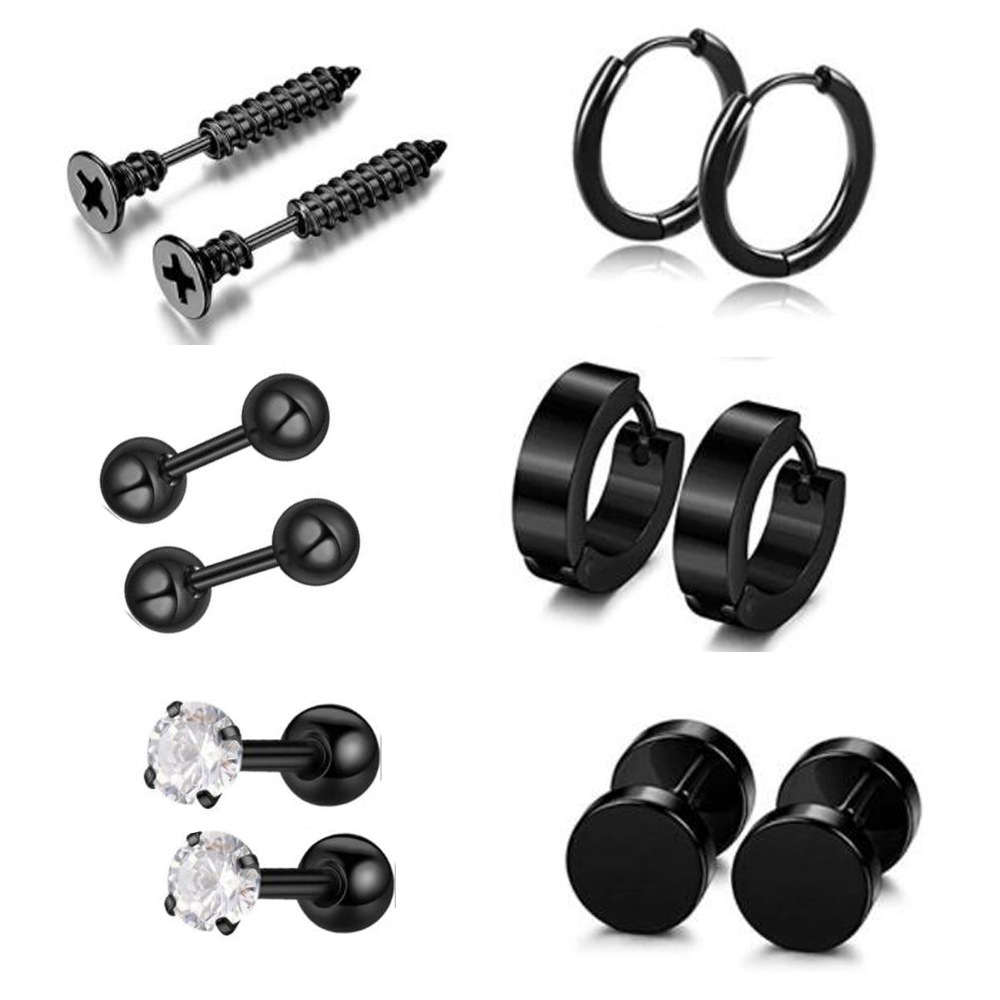Amazon Stainless Steel Ear Stud Earrings Set 12 European and American Hip Hop Jewelry Barbell Zircon Ear Buckle Ear Pin