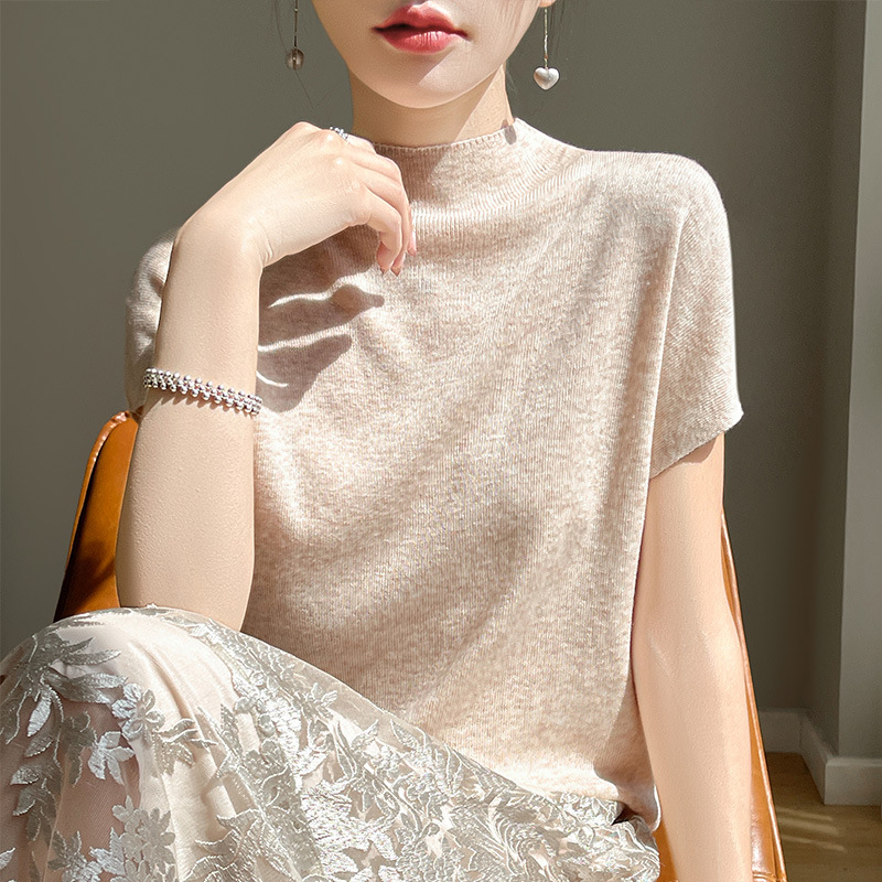 Half Turtleneck Tencel Knitted Short-Sleeved T-Shirt for Women in Summer with Unique Design, Loose and Fine Imitation Wool Thin Bottoming Korean