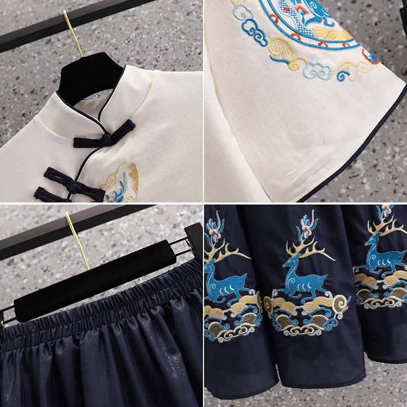 Picture of Chinese Style National Style Hanfu Modified Zen Tea Clothing Top Vintage Embroidered Deer Yao Buckle Top suit Summer Skirt