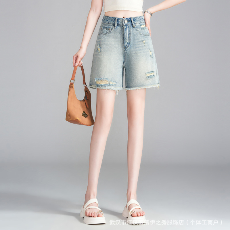 Ripped Jeans Women's Summer Thin 2025 New High-Waisted Loose A-Line Outer Wear Straight Pants Shorts