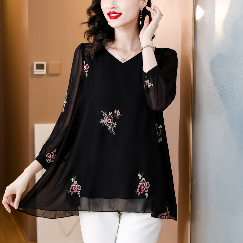 Picture of Real Shot of 2025 Autumn New Plus-Size Women's Fashion Slimming Chiffon Long-Sleeve Top That Covers the Belly