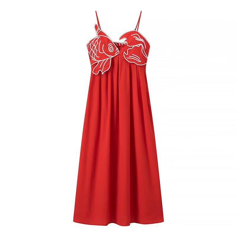 2083-summer new women's European and American style sling V-neck embroidery high waist dress dress