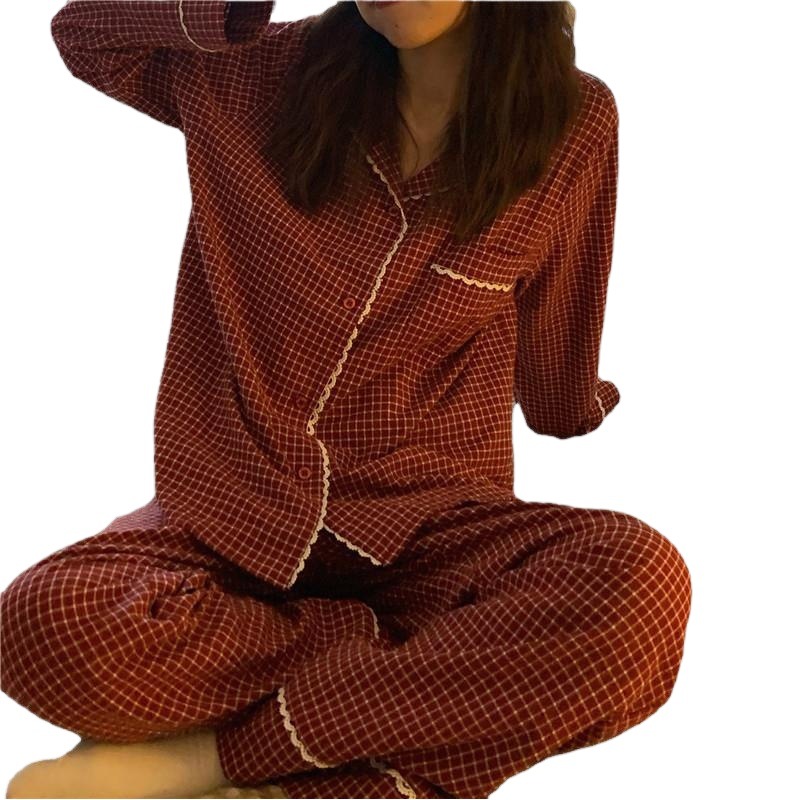 2024 Cardigan Pajamas Women's Spring and Autumn Long Sleeves Trousers Lapel Korean Style Grace Home Clothes Air Conditioning Clothes Foreign Trade Suit