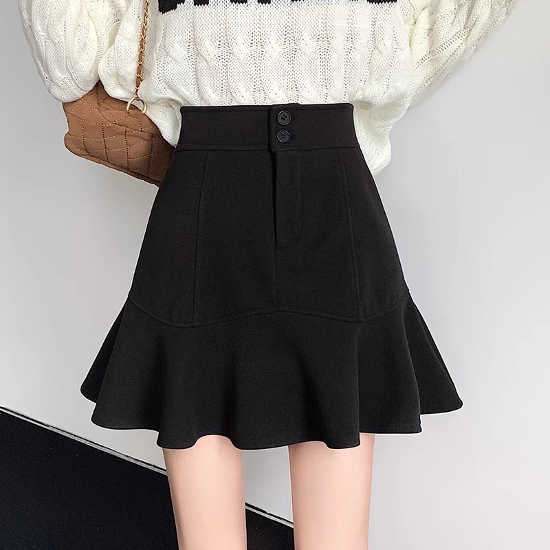 Women's New 23 Short Skirt A- Line Skirt Hip Skirt High Waist Skirt Winter Skirt Fishtail Skirt 20 Autumn and Winter Skirt Black