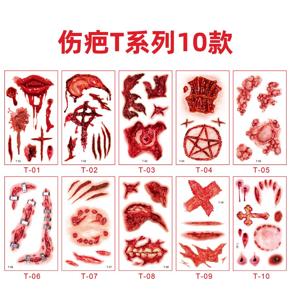Picture of 21 New Halloween Scar Tattoo Body Sticker Waterproof Sweat Horrible Bloody Wound Scar Makeup Party Temporary Face Sticker