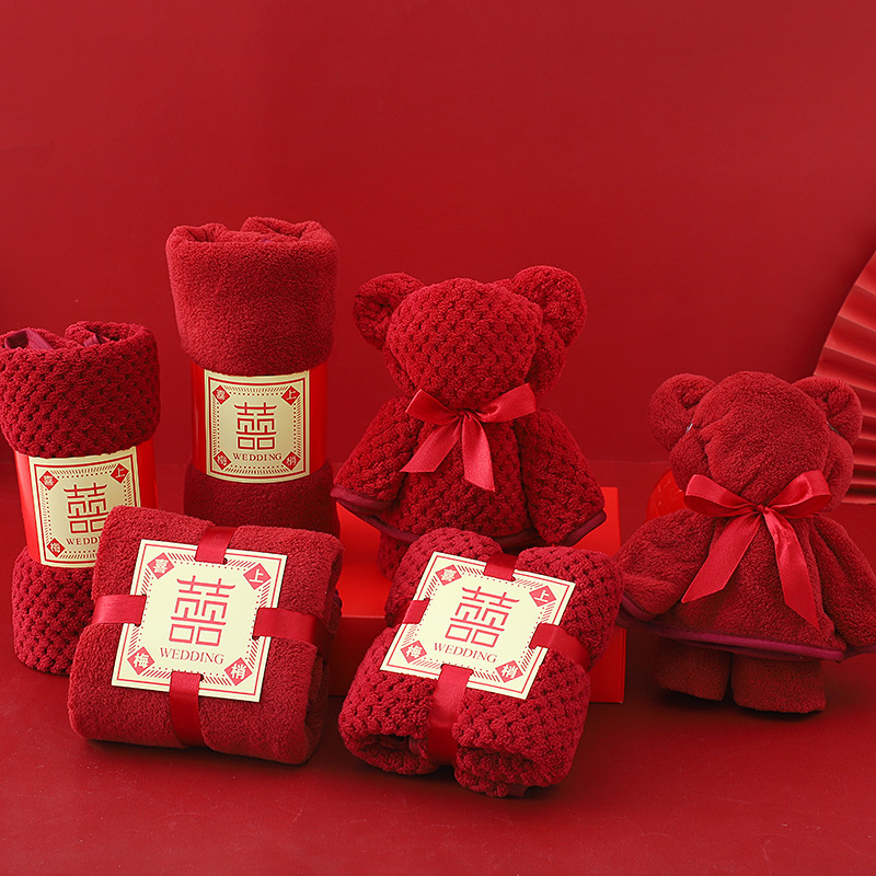 Picture of Wedding companion gift red towel wholesale engagement full moon return gift towel coral fleece towel