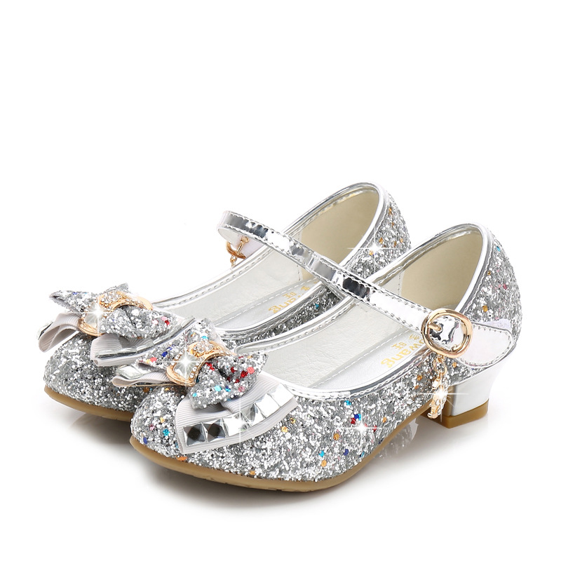 Picture of 2025 Autumn New Girls' Small High Heel Leather Shoes Sequin Upper Bow Decoration Children's Dance Shoes