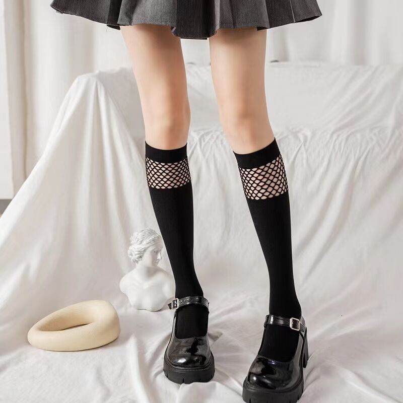 Stitching net stockings calf socks trendy cool jk dark style ins black mid-tube socks