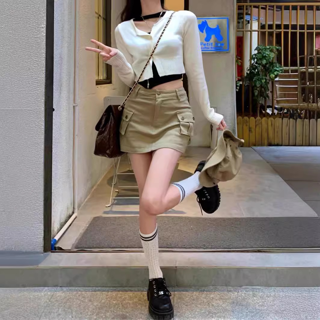 Hot Girl Khaki A- Line Work Skirt Skirt Women's Summer Denim Skirt Sexy Hip Skirt Pocket Skirt