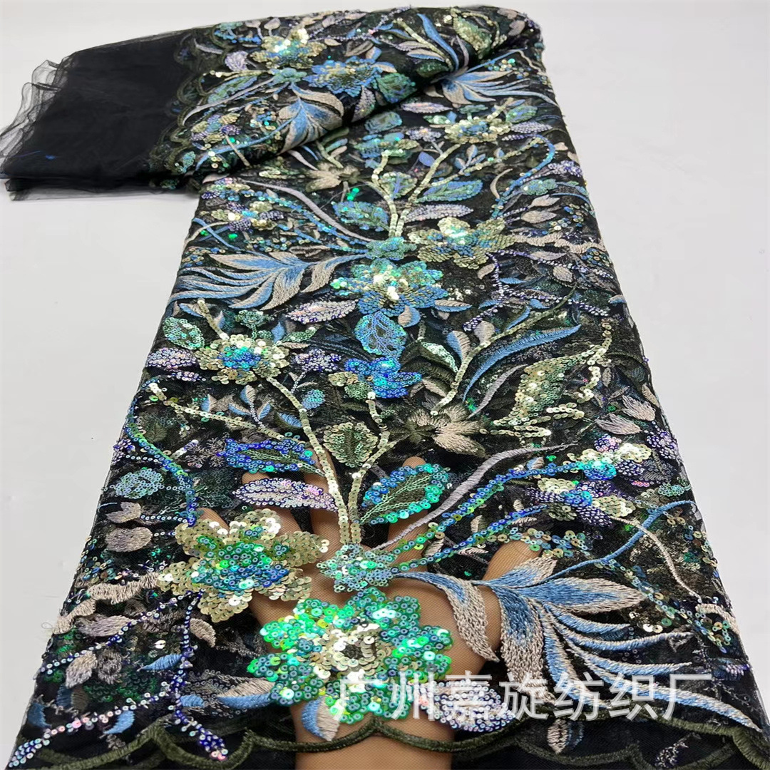 Lace mesh fabric retro ethnic color beads flower sequins embroidery fabric dress clothing JX3646