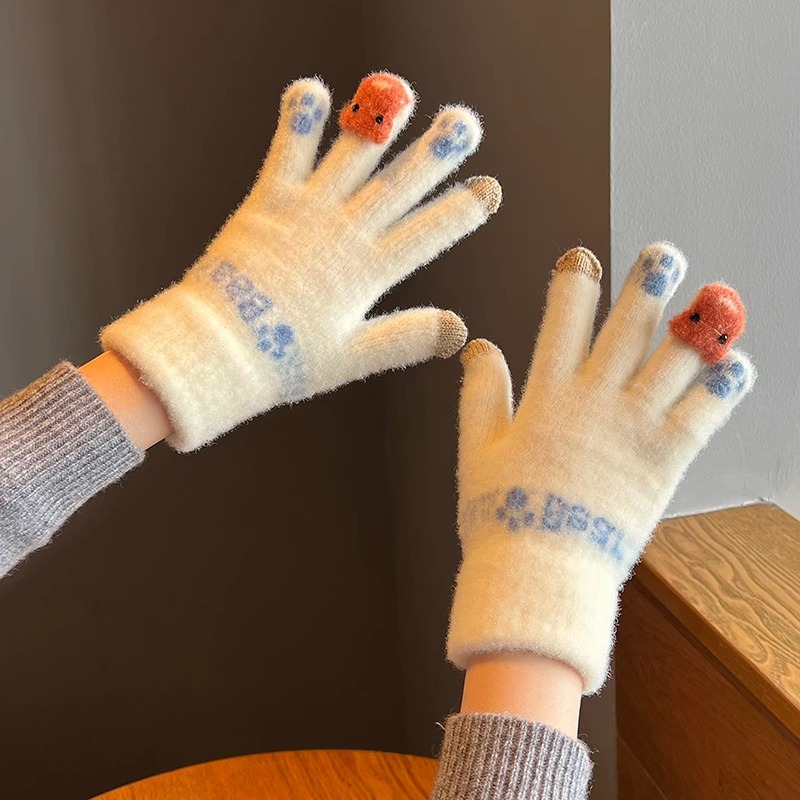 Cute Plush Gloves Women's Winter Thickened Warm Touchscreen Knitted Wool Cycling Cold-proof Finger Winter for Students