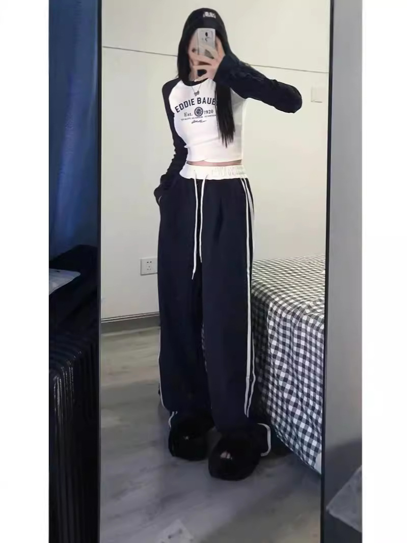 Sports Pants Women's Spring Autumn and Winter 2024 New High Waist Dosing Loose Straight Casual Pants Striped Stitching Wide-leg Pants