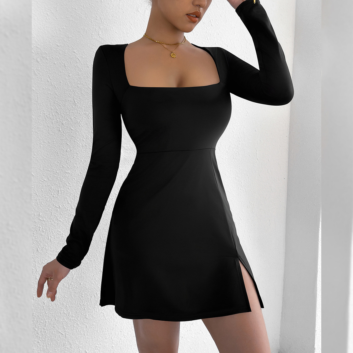 Cross-border New Amazon European and American Women's Women's Square Collar Tight Long Sleeve Vent Trumpet Mini Sexy dress