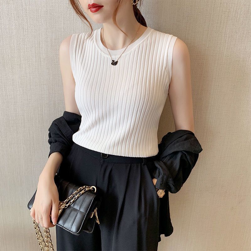 Summer Thin Ice Silk simple round neck solid color sleeveless knitted camisole top women's bottoming shirt