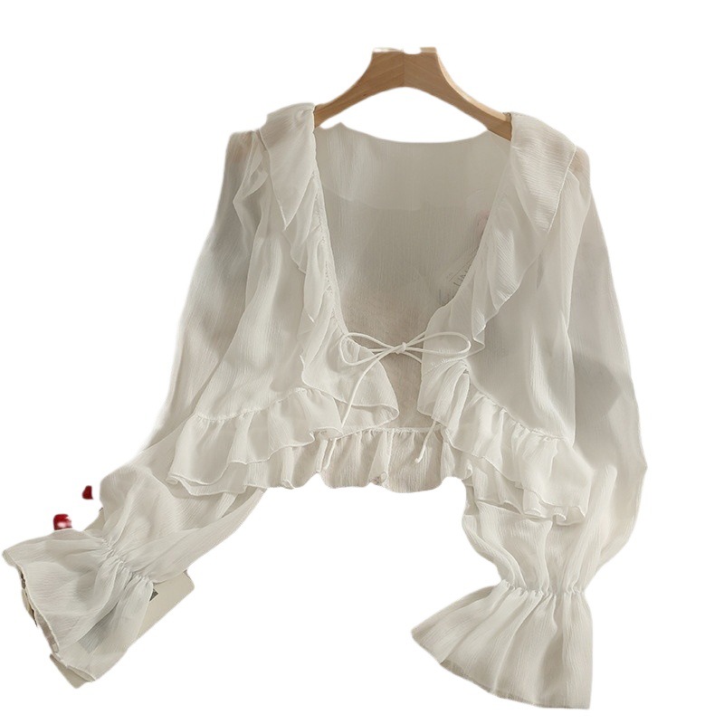 Picture of New Ruffled Chiffon Sun Protection Clothing Shawl Factory Autum with Suspender Skirt Blouse Bell Sleeve Cardigan Short Outwear