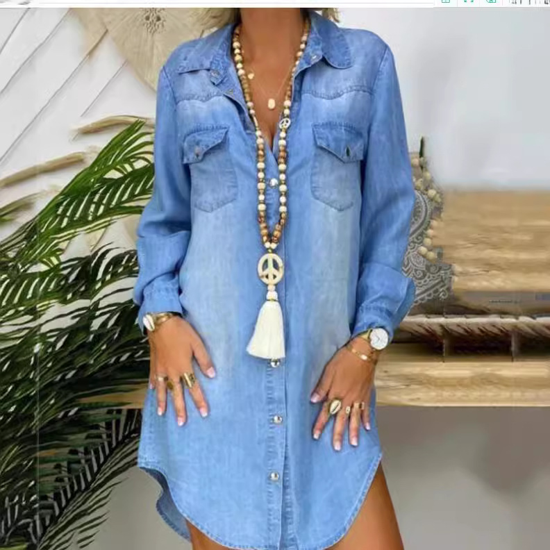 2024 Amazon, independent station popular European and American long sleeve breasted pocket solid color Denim shirt dress