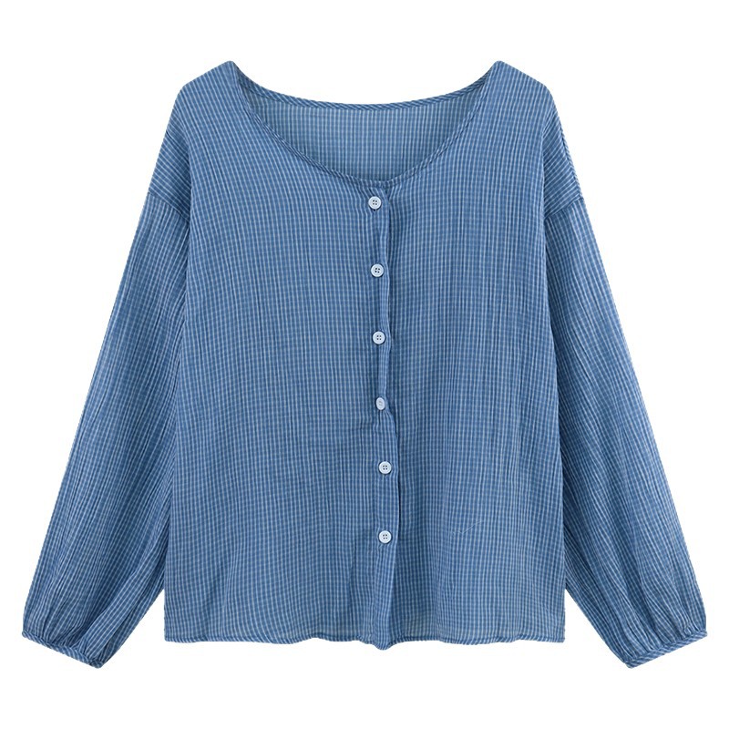 Picture of Korean Style Lazy Style Blue Plaid Long-Sleeved Sun Protection Shirt for Women Summer New Loose Shirt Casual Thin Top