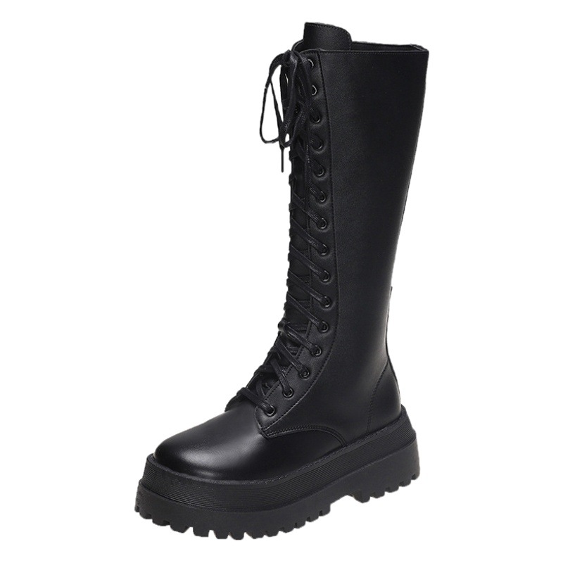 High front lace-up leather boots for women new Korean style thick bottom round toe Knight women's boots long boots European and American lace-up boots