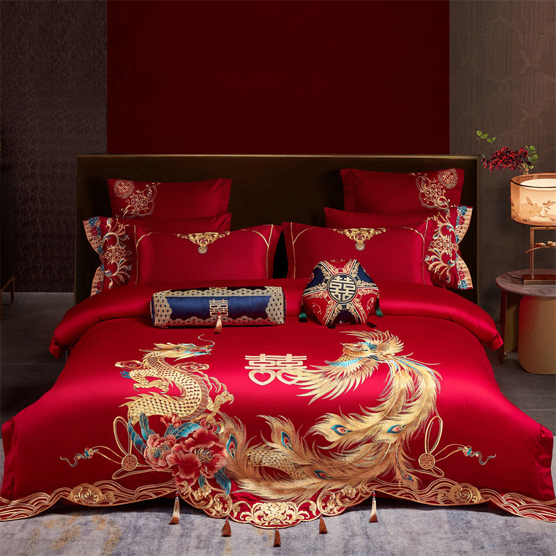 Picture of High-End 120S Pure Cotton Long-Staple Cotton Wedding Four-Piece Set New Chinese Style Dragon and Phoenix Embroidery Wedding Red Bedding
