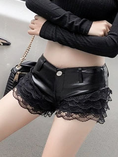 Picture of New Low Waist PU Leather Shorts Lace Stitching Slim Women's Shorts European and American Sexy Nightclub Tight Hot Pants Super Shorts
