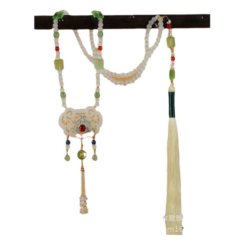 Factory Wholesale Ancient Style Han Dynasty Long Necklace Imitation White Jade Necklace Ming Dynasty Cheongsam Ethnic Style Sweater Chain Cheongsam Accessories