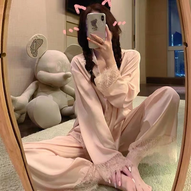 Online celebrity spring and autumn pajamas women's artificial silk lace edge long sleeve princess style cardigan Ice Silk summer home wear suit