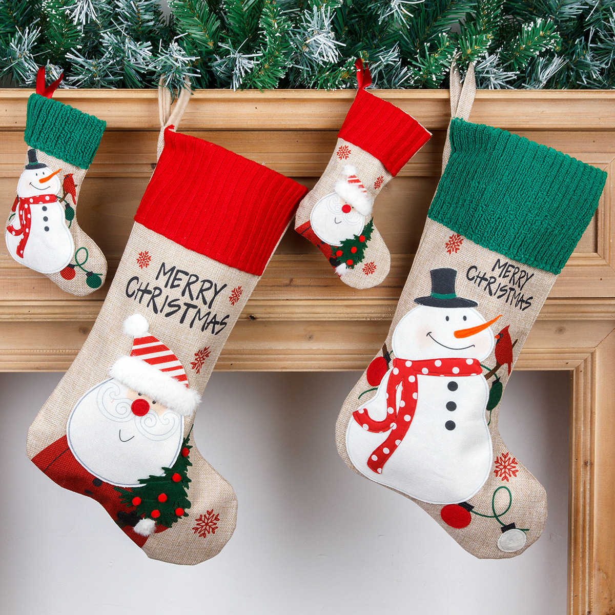 New Christmas decorations linen embroidery Old Man snowman gift candy bag pendant Christmas socks gift bag