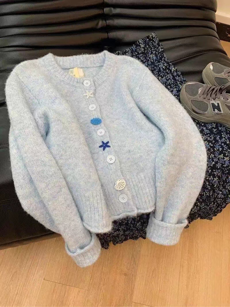 Picture of Korean Style Soft Waxy Lazy Style Blue Sweater Coat Women's Autumn High-end Loose Slimming Knitted Cardigan Top Trendy