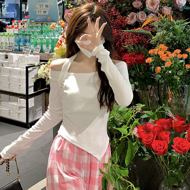 Picture of Sweet Sexy One-Shoulder Chic Short Top for Women Spring and Autum 2025 New Design Niche Inner Layering Shirt