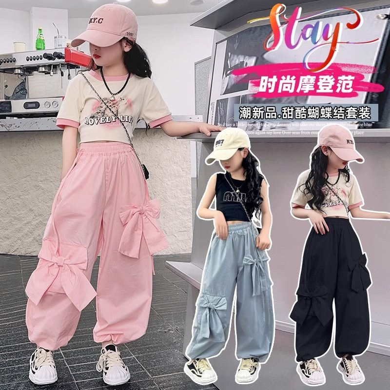 Girls' Pink Cargo Pants Summer 2025 New Children's Trendy Outfit Set for Older Girls Jazz Street Dance Pants