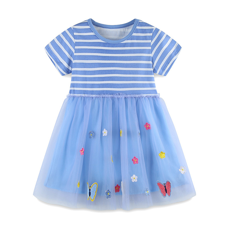 Picture of Summer Girls dress European and American Style Butterfly Flower Embroidered Princess Dress Children's Fashion Striped Veil Dress