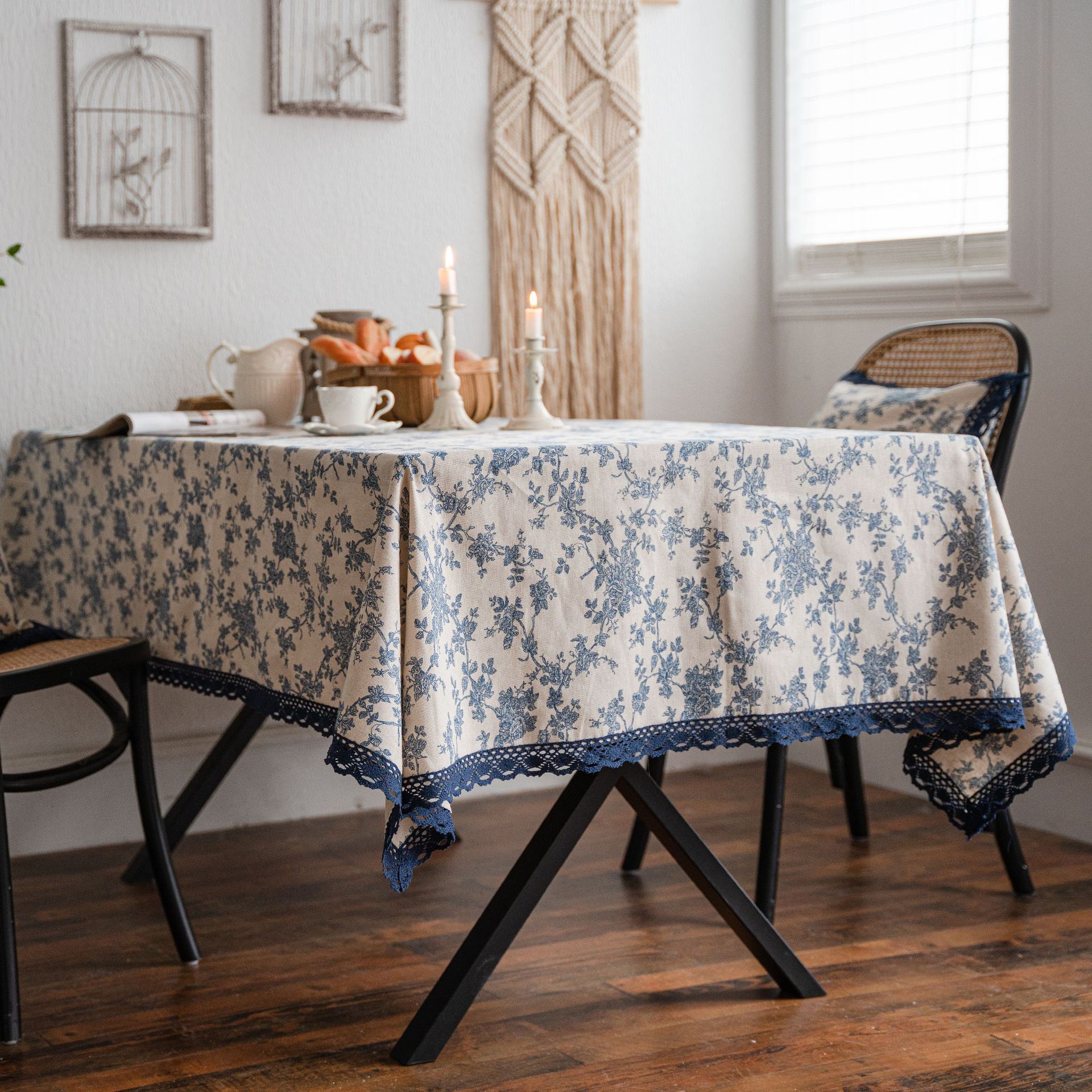 Picture of Yiman Qiyun Navy Blue Plum Blossom Printing Pastoral Cotton and Linen Tablecloth Tablecloth Wholesale Household Cover Towel Lace