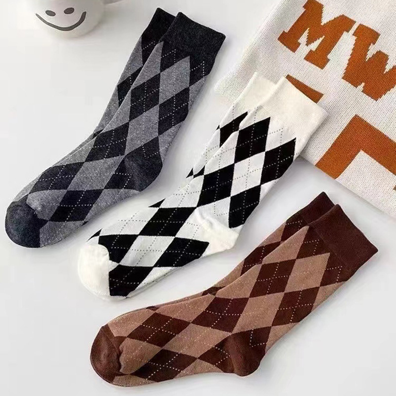 Cross-border new ladies socks JK socks square trend long Lolita socks diamond lattice socks