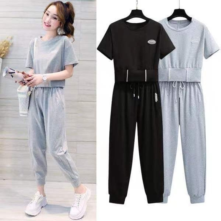Foreign Trade Casual Short-sleeved Sports Suit Women's 2022 Summer New Loose Short T-shirt Ankle-length Pants Two-piece Set for Women