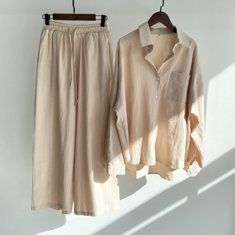 Picture of Cross-border Amazon Women's 2-piece Vintage Plus Size 2022 Cotton and Linen Shirt Set High Waist Loose Trousers