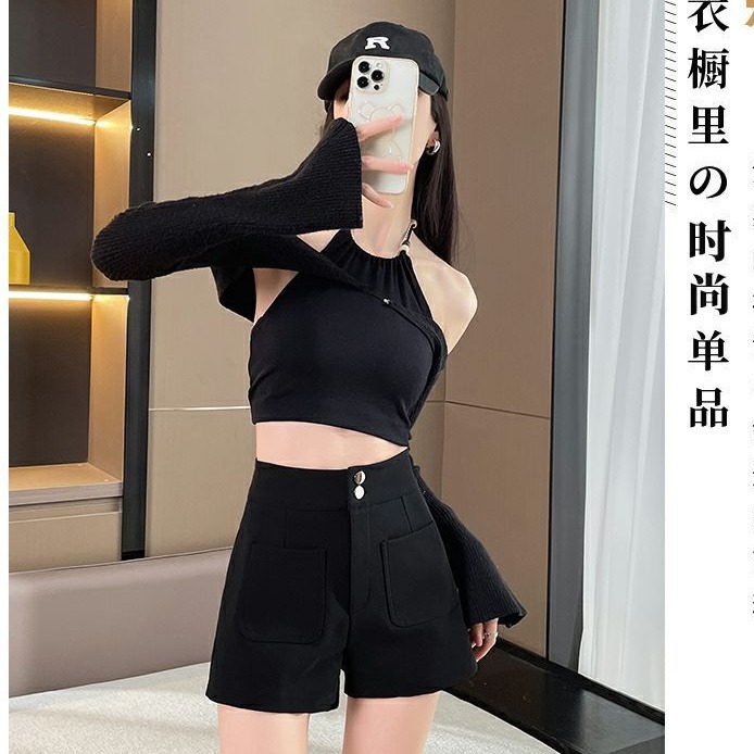 Double Pocket Black Casual Shorts Women's Summer 2024 New Korean Style Solid Color Slimming All-match Wide Leg Hot Pants Trendy